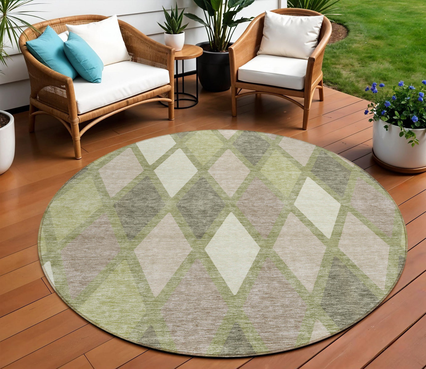 Tabselect Home Line 8' Artichoke Green Beige And Ivory Round Geometric Washable Indoor Outdoor Area Rug