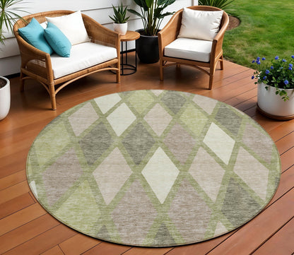 Tabselect Home Line 8' Artichoke Green Beige And Ivory Round Geometric Washable Indoor Outdoor Area Rug