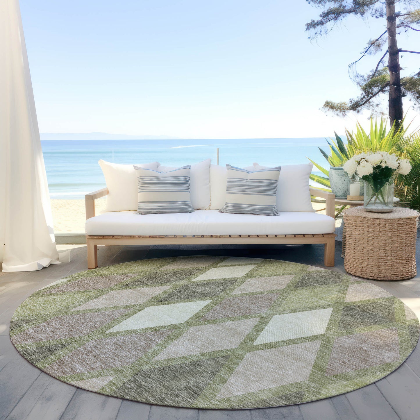 Tabselect Home Line 8' Artichoke Green Beige And Ivory Round Geometric Washable Indoor Outdoor Area Rug