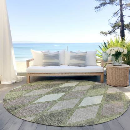 Tabselect Home Line 8' Artichoke Green Beige And Ivory Round Geometric Washable Indoor Outdoor Area Rug