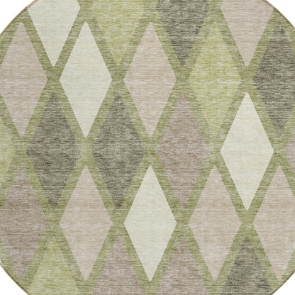 Tabselect Home Line 8' Artichoke Green Beige And Ivory Round Geometric Washable Indoor Outdoor Area Rug