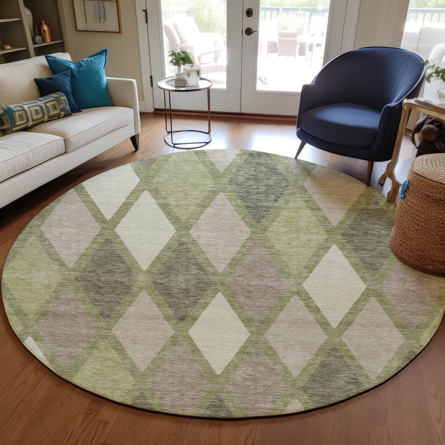 Tabselect Home Line 8' Artichoke Green Beige And Ivory Round Geometric Washable Indoor Outdoor Area Rug
