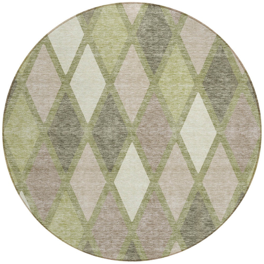 Tabselect Home Line 8' Artichoke Green Beige And Ivory Round Geometric Washable Indoor Outdoor Area Rug