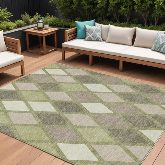 Tabselect Home Line 9' X 12' Artichoke Green Beige And Ivory Geometric Washable Indoor Outdoor Area Rug