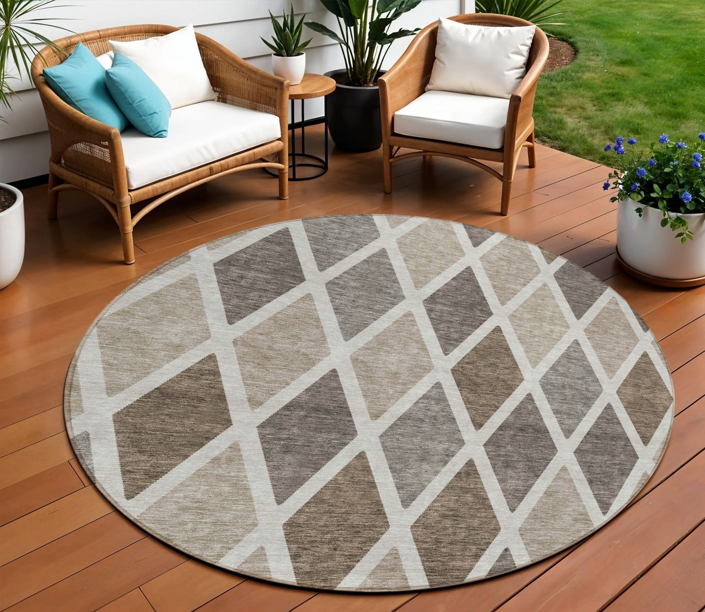 Tabselect Home Line 8' Beige Gray And Brown Round Geometric Washable Indoor Outdoor Area Rug