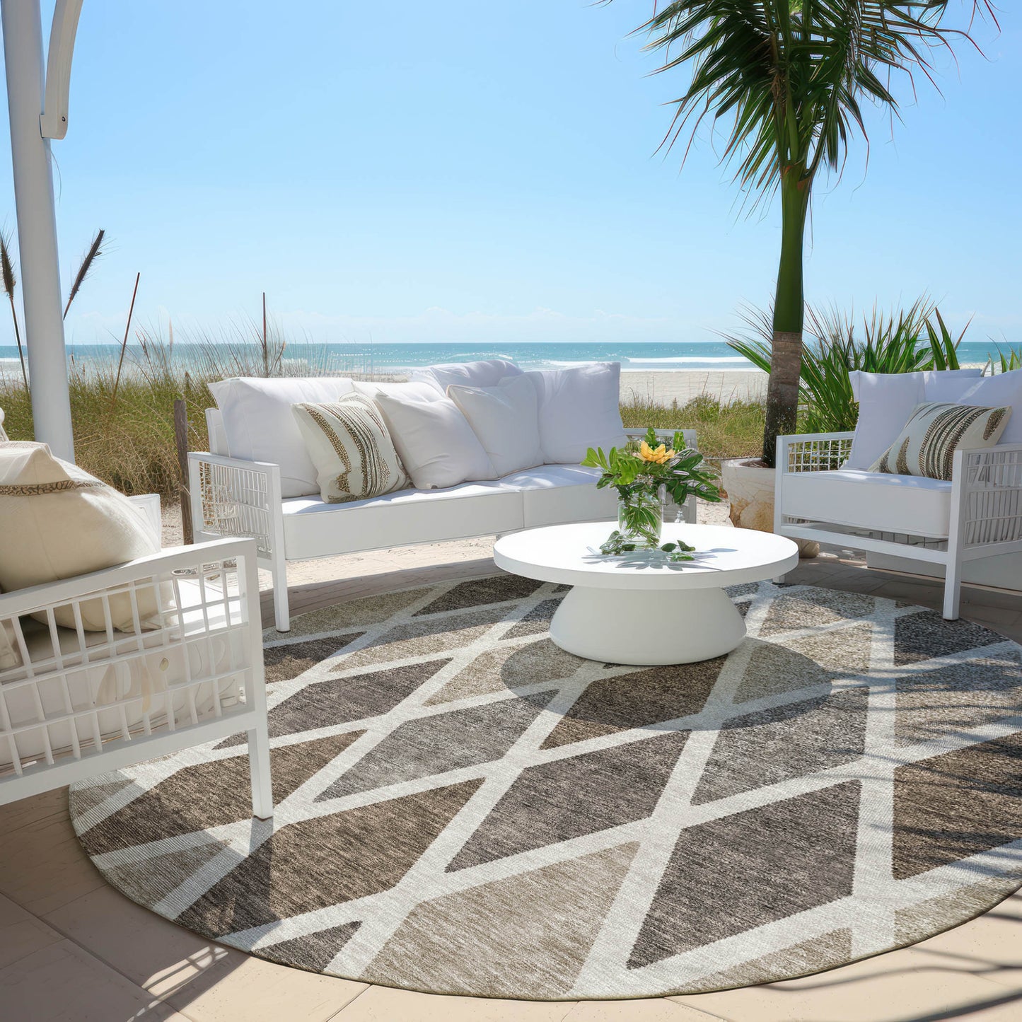 Tabselect Home Line 8' Beige Gray And Brown Round Geometric Washable Indoor Outdoor Area Rug