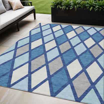 Tabselect Home Line 5' X 8' Navy Blue Sky Blue And Ivory Geometric Washable Indoor Outdoor Area Rug