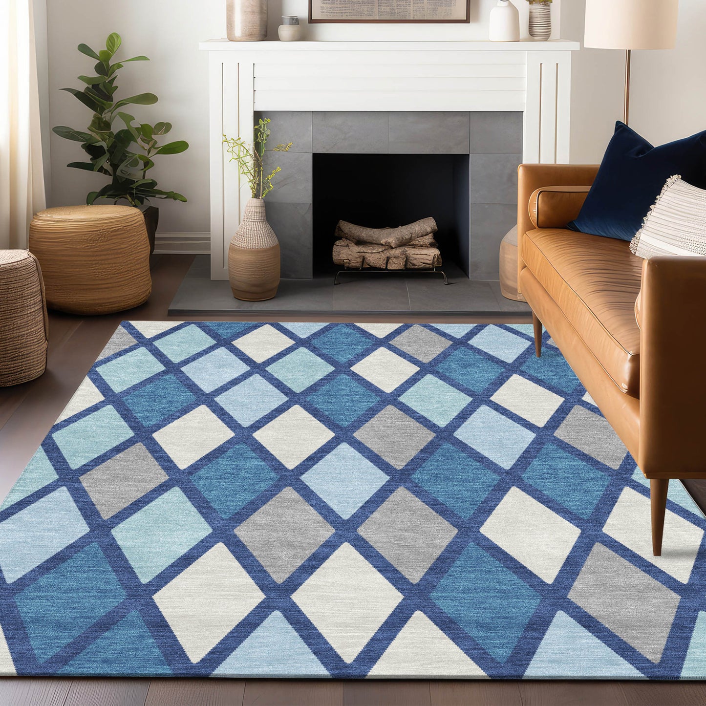 Tabselect Home Line 5' X 8' Navy Blue Sky Blue And Ivory Geometric Washable Indoor Outdoor Area Rug