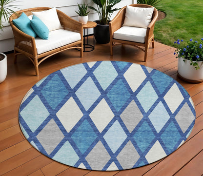 Tabselect Home Line 8' Navy Blue Sky Blue And Ivory Round Geometric Washable Indoor Outdoor Area Rug