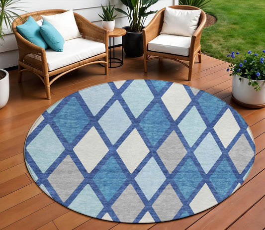 Tabselect Home Line 8' Navy Blue Sky Blue And Ivory Round Geometric Washable Indoor Outdoor Area Rug