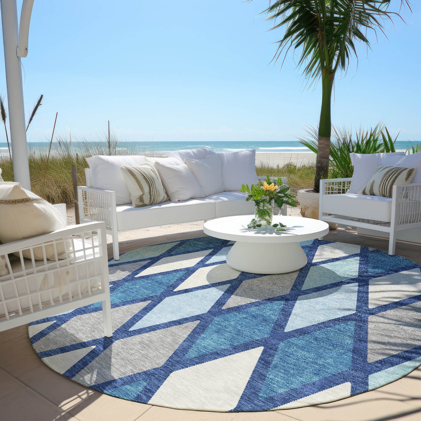 Tabselect Home Line 8' Navy Blue Sky Blue And Ivory Round Geometric Washable Indoor Outdoor Area Rug