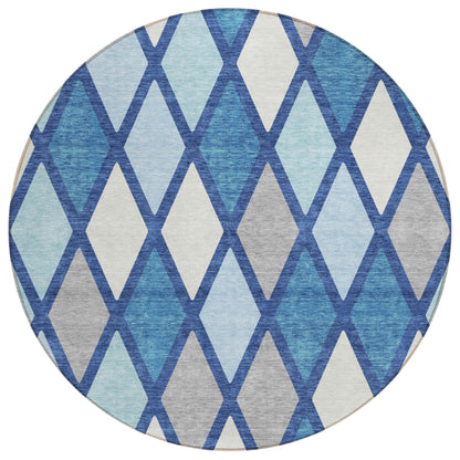 Tabselect Home Line 8' Navy Blue Sky Blue And Ivory Round Geometric Washable Indoor Outdoor Area Rug