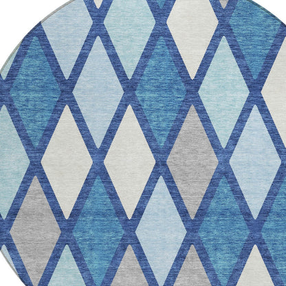 Tabselect Home Line 8' Navy Blue Sky Blue And Ivory Round Geometric Washable Indoor Outdoor Area Rug