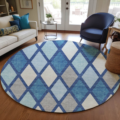Tabselect Home Line 8' Navy Blue Sky Blue And Ivory Round Geometric Washable Indoor Outdoor Area Rug
