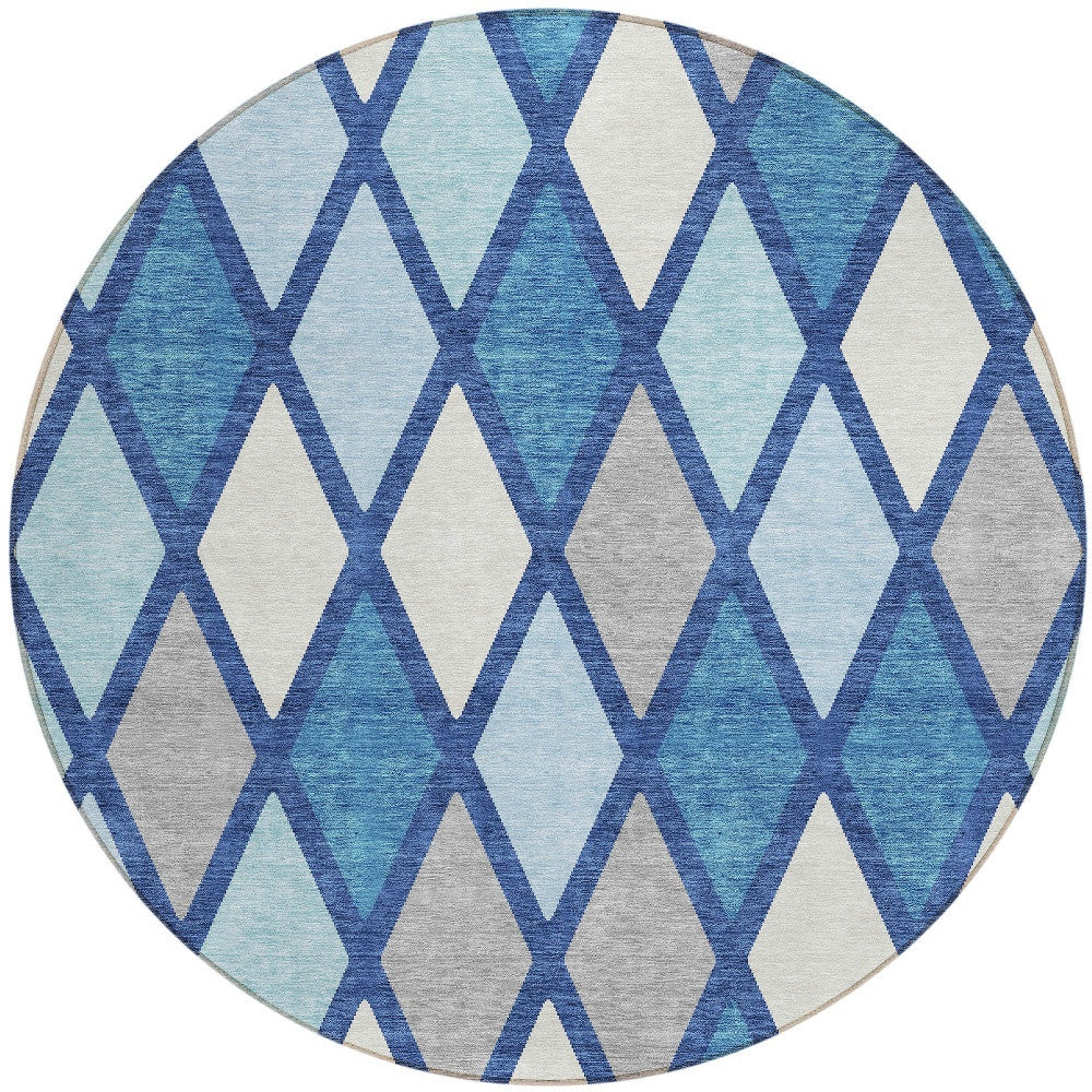 Tabselect Home Line 8' Navy Blue Sky Blue And Ivory Round Geometric Washable Indoor Outdoor Area Rug