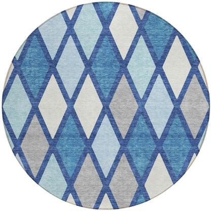 Tabselect Home Line 8' Navy Blue Sky Blue And Ivory Round Geometric Washable Indoor Outdoor Area Rug