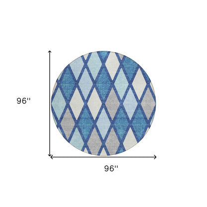 Tabselect Home Line 8' Navy Blue Sky Blue And Ivory Round Geometric Washable Indoor Outdoor Area Rug