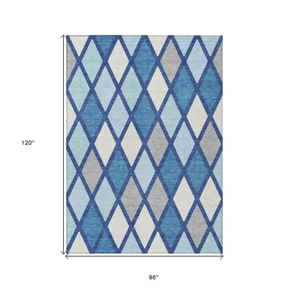 Tabselect Home Line 8' X 10' Navy Blue Sky Blue And Ivory Geometric Washable Indoor Outdoor Area Rug