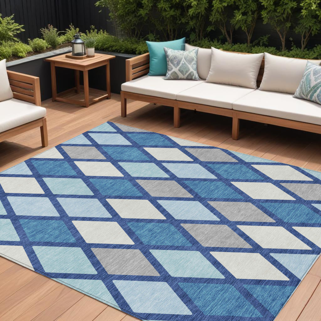 Tabselect Home Line 8' X 10' Navy Blue Sky Blue And Ivory Geometric Washable Indoor Outdoor Area Rug