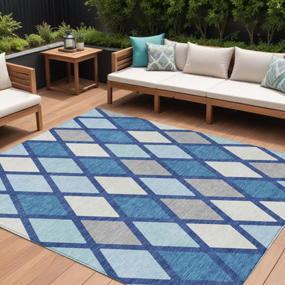 Tabselect Home Line 8' X 10' Navy Blue Sky Blue And Ivory Geometric Washable Indoor Outdoor Area Rug