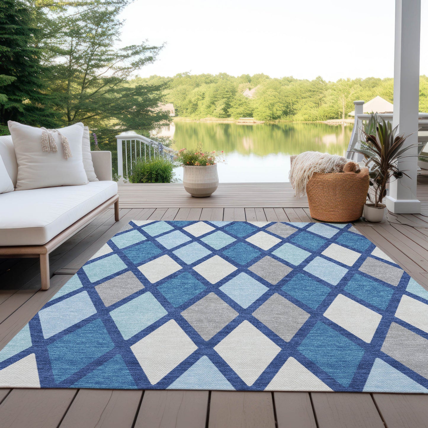 Tabselect Home Line 8' X 10' Navy Blue Sky Blue And Ivory Geometric Washable Indoor Outdoor Area Rug