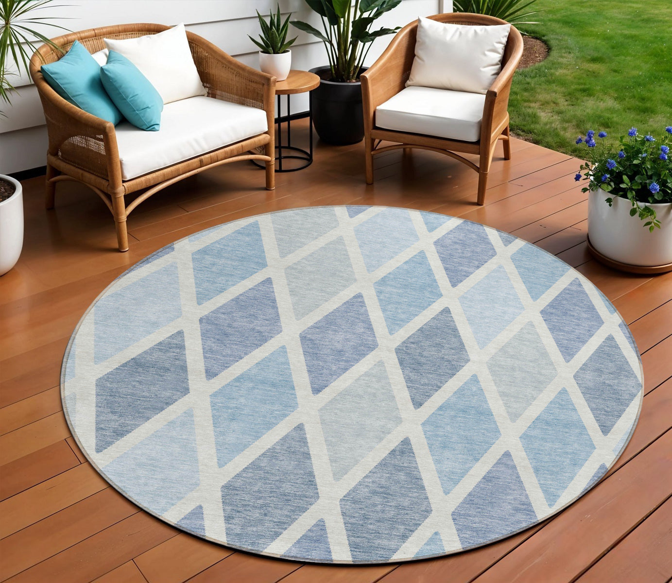 Tabselect Home Line 8' Sky Blue And Ivory Round Geometric Washable Indoor Outdoor Area Rug