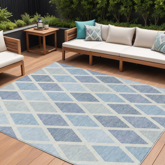 Tabselect Home Line 8' X 10' Sky Blue And Ivory Geometric Washable Indoor Outdoor Area Rug
