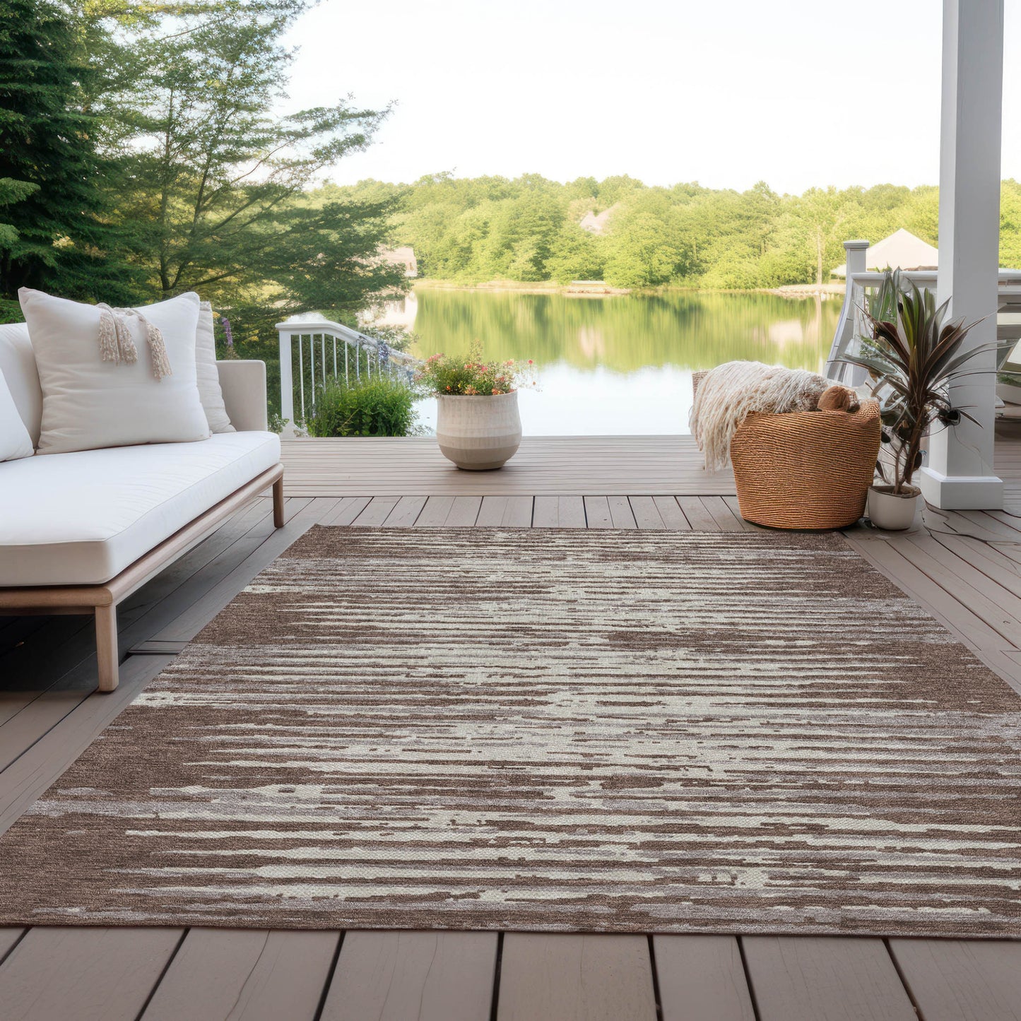 Tabselect Home Line 5' X 8' Brown Beige And Ivory Striped Washable Indoor Outdoor Area Rug
