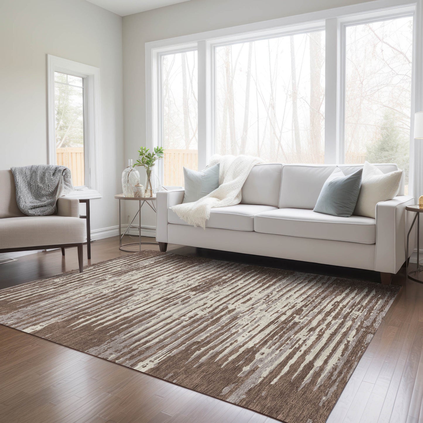 Tabselect Home Line 5' X 8' Brown Beige And Ivory Striped Washable Indoor Outdoor Area Rug