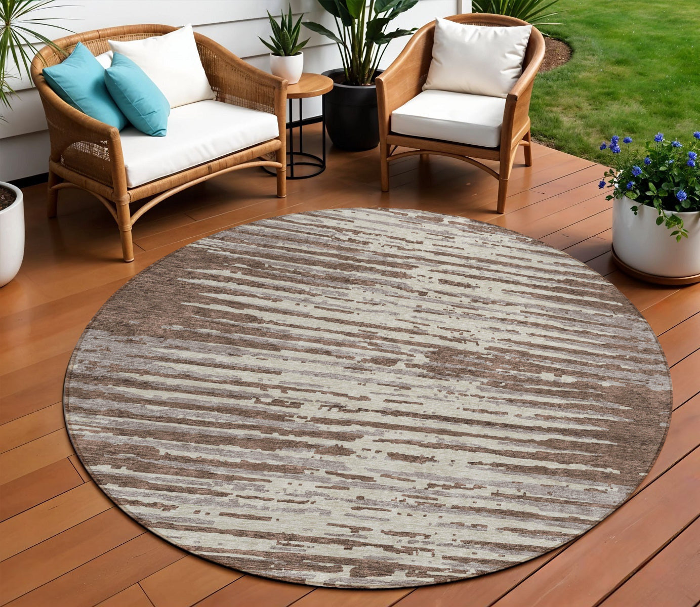 Tabselect Home Line 8' Brown Beige And Ivory Round Striped Washable Indoor Outdoor Area Rug