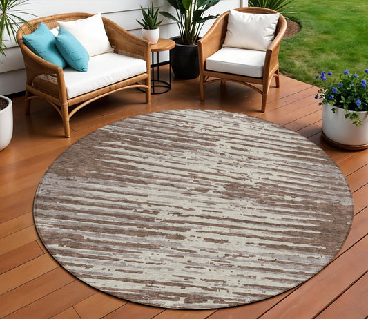 Tabselect Home Line 8' Brown Beige And Ivory Round Striped Washable Indoor Outdoor Area Rug