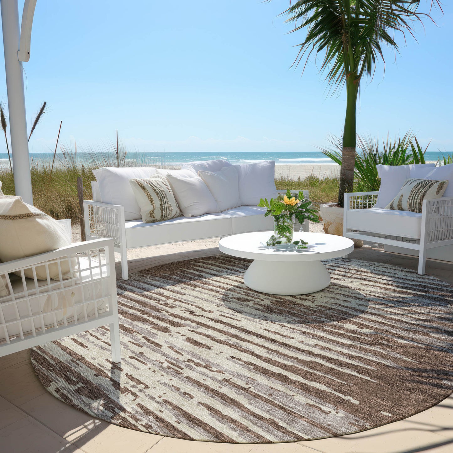 Tabselect Home Line 8' Brown Beige And Ivory Round Striped Washable Indoor Outdoor Area Rug