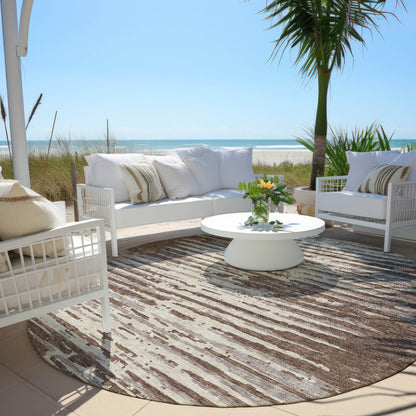 Tabselect Home Line 8' Brown Beige And Ivory Round Striped Washable Indoor Outdoor Area Rug