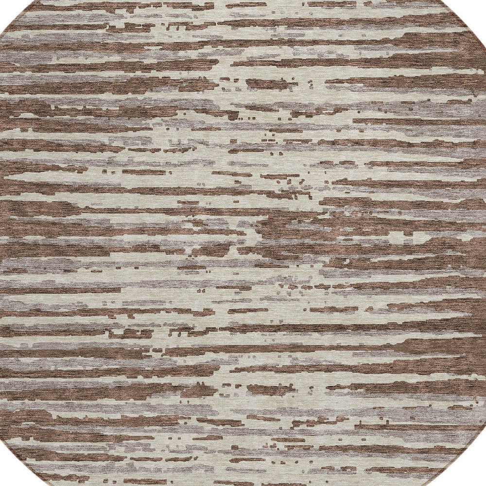Tabselect Home Line 8' Brown Beige And Ivory Round Striped Washable Indoor Outdoor Area Rug