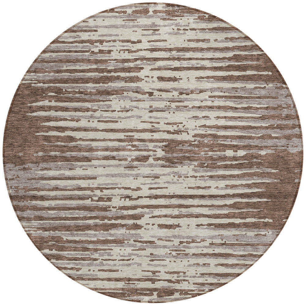 Tabselect Home Line 8' Brown Beige And Ivory Round Striped Washable Indoor Outdoor Area Rug
