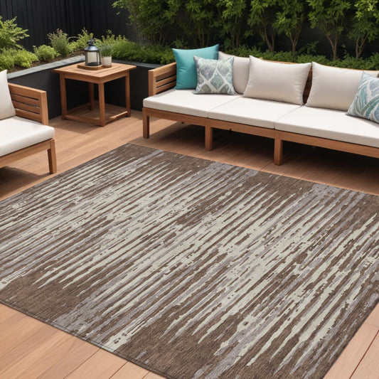 Tabselect Home Line 8' X 10' Brown Beige And Ivory Striped Washable Indoor Outdoor Area Rug