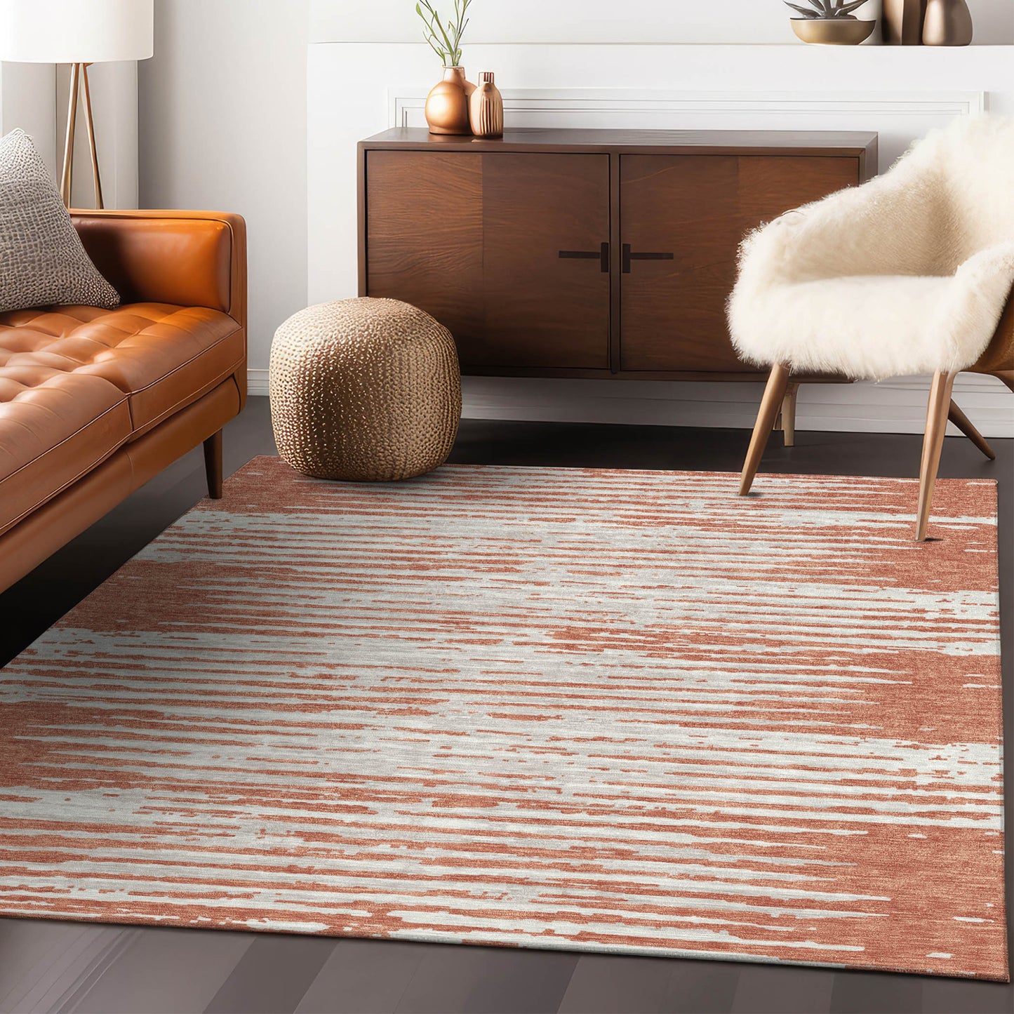 Tabselect Home Line 5' X 8' Coral And Ivory Striped Washable Indoor Outdoor Area Rug