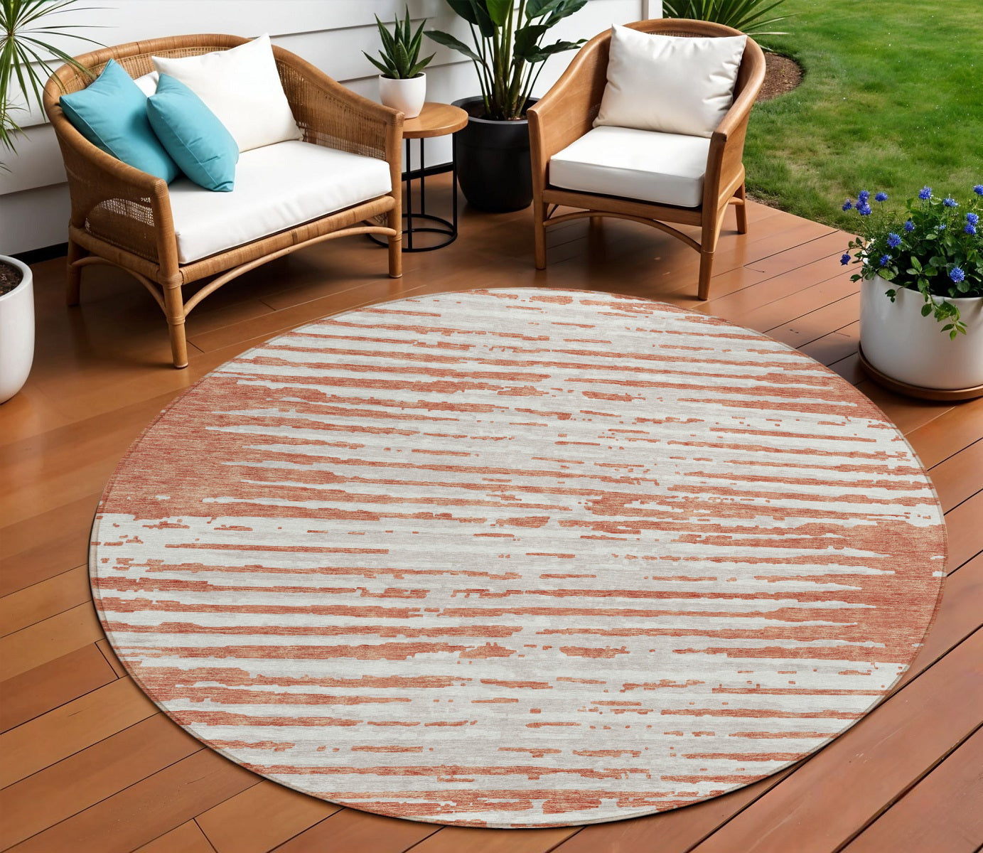 Tabselect Home Line 8' Coral And Ivory Round Striped Washable Indoor Outdoor Area Rug