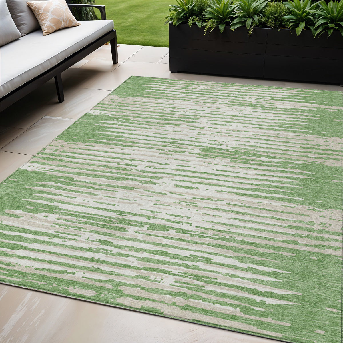 Tabselect Home Line 5' X 8' Green And Ivory Striped Washable Indoor Outdoor Area Rug