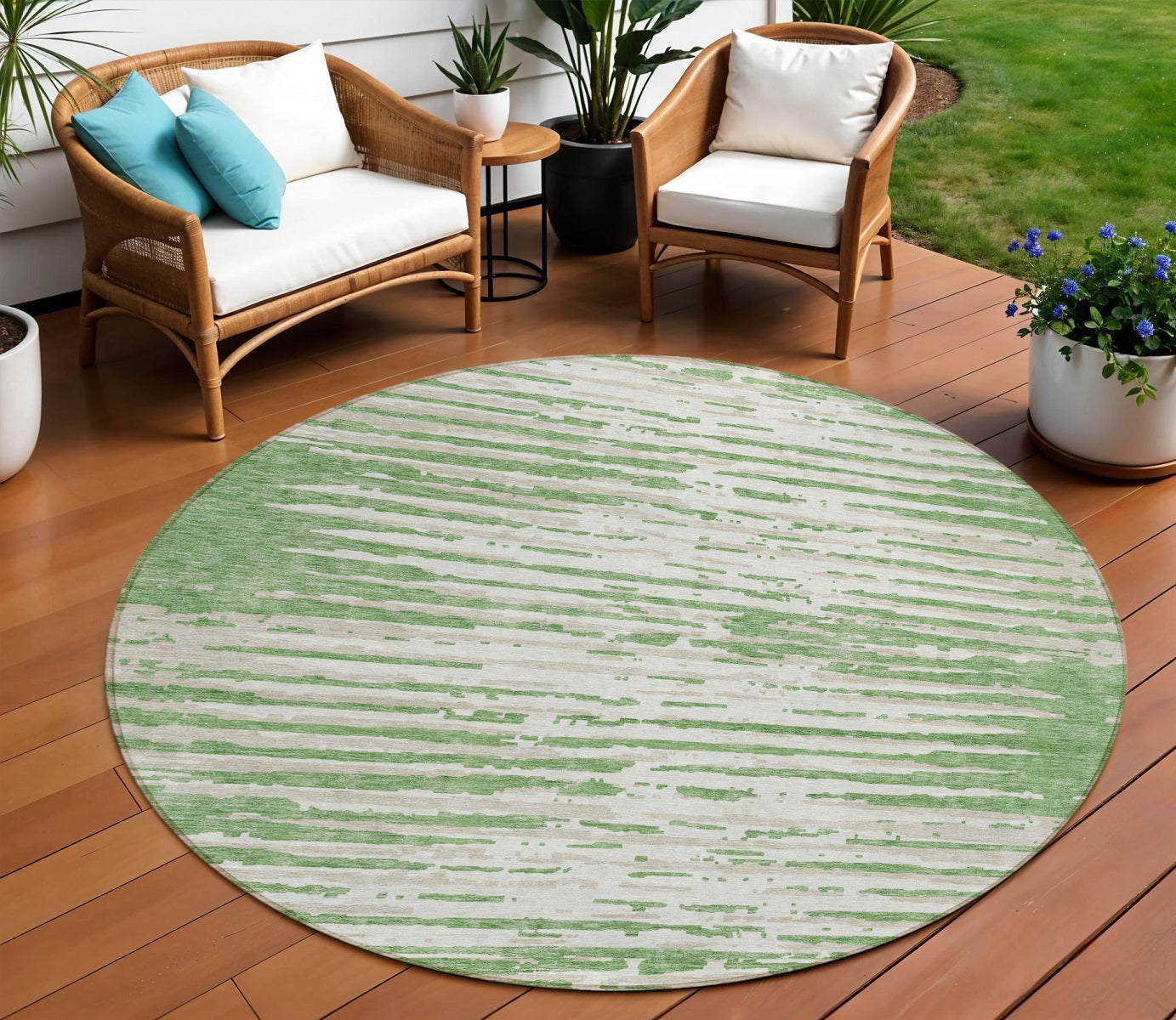 Tabselect Home Line 8' Green And Ivory Round Striped Washable Indoor Outdoor Area Rug