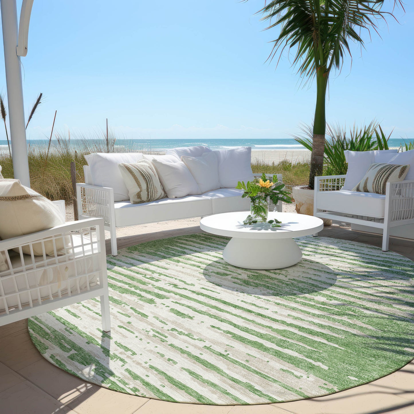 Tabselect Home Line 8' Green And Ivory Round Striped Washable Indoor Outdoor Area Rug