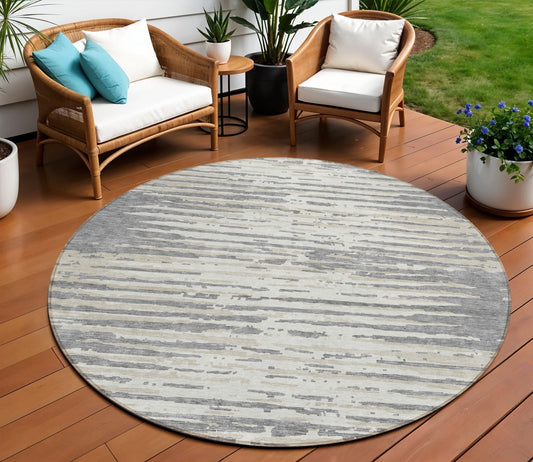 Tabselect Home Line 8' Gray And Ivory Round Striped Washable Indoor Outdoor Area Rug