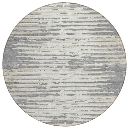 Tabselect Home Line 8' Gray And Ivory Round Striped Washable Indoor Outdoor Area Rug