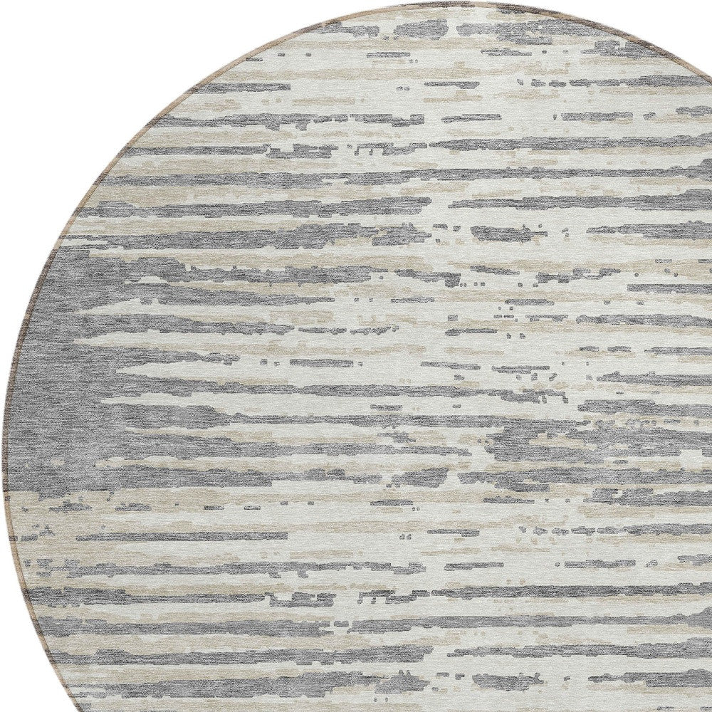 Tabselect Home Line 8' Gray And Ivory Round Striped Washable Indoor Outdoor Area Rug