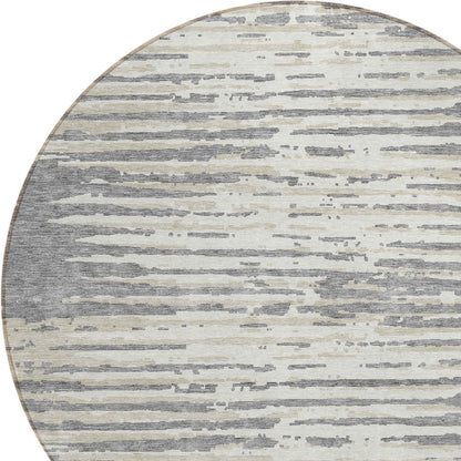 Tabselect Home Line 8' Gray And Ivory Round Striped Washable Indoor Outdoor Area Rug