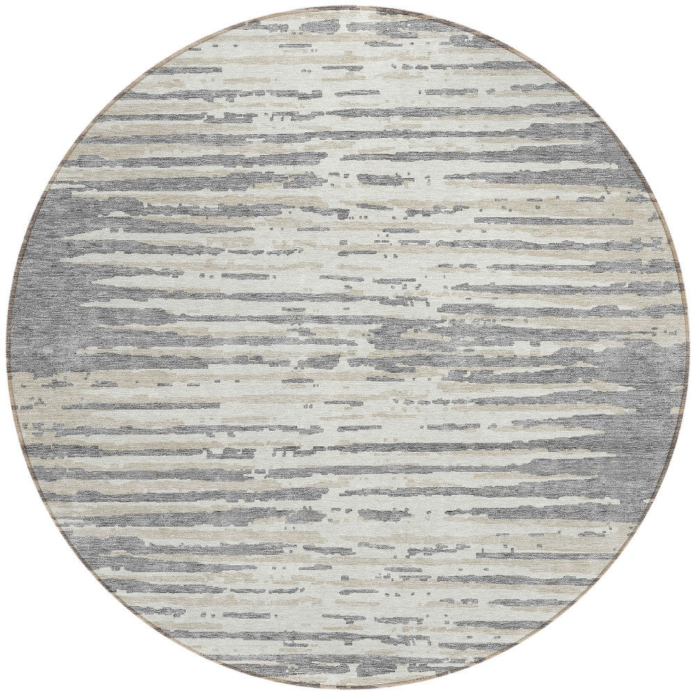 Tabselect Home Line 8' Gray And Ivory Round Striped Washable Indoor Outdoor Area Rug
