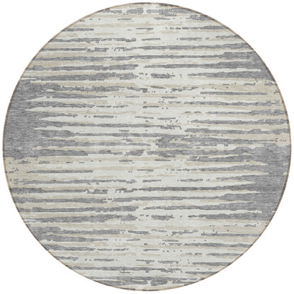 Tabselect Home Line 8' Gray And Ivory Round Striped Washable Indoor Outdoor Area Rug