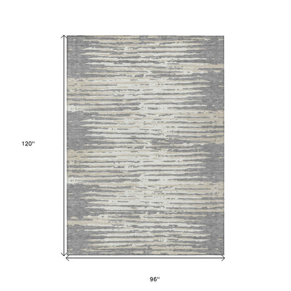 Tabselect Home Line 8' X 10' Gray And Ivory Striped Washable Indoor Outdoor Area Rug
