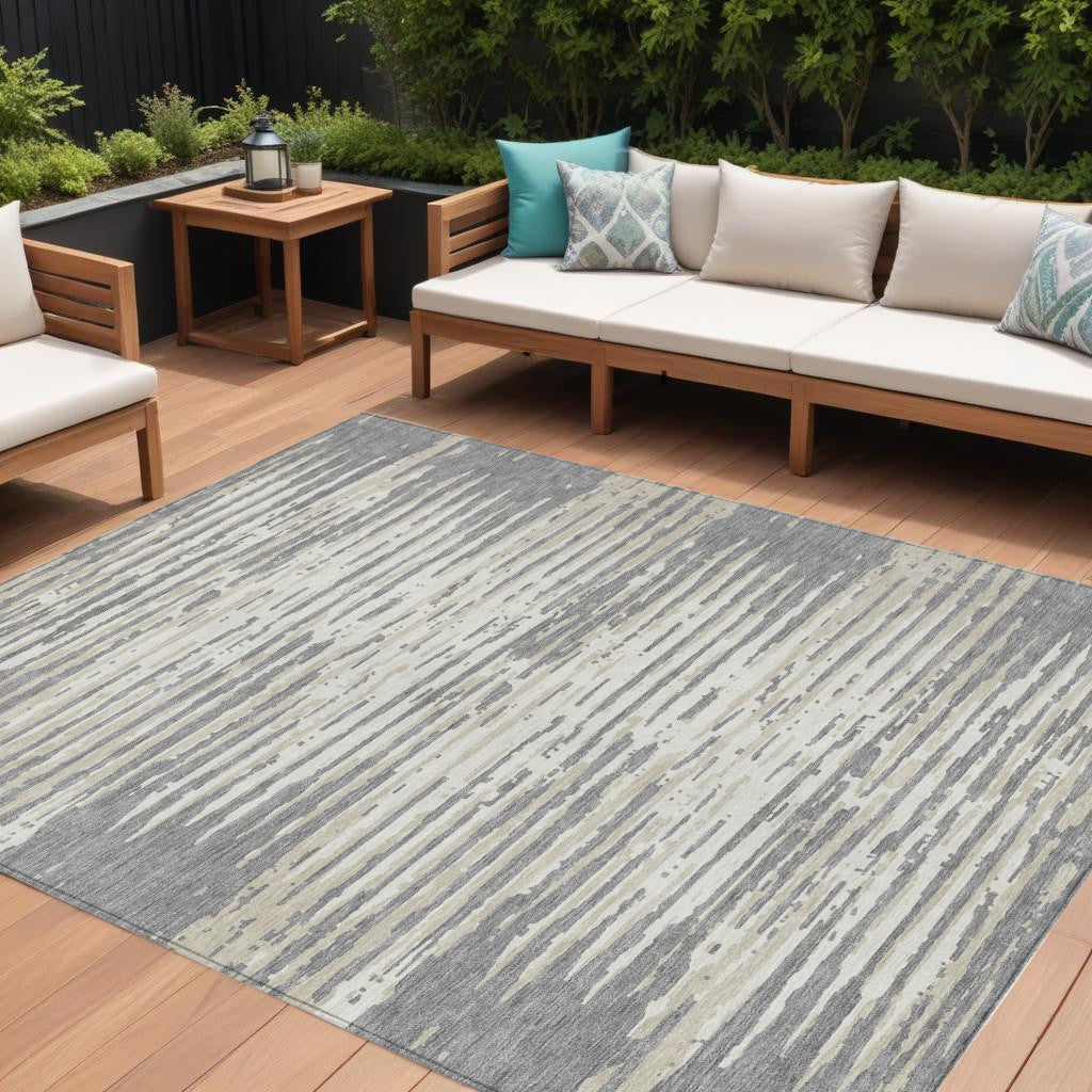 Tabselect Home Line 8' X 10' Gray And Ivory Striped Washable Indoor Outdoor Area Rug