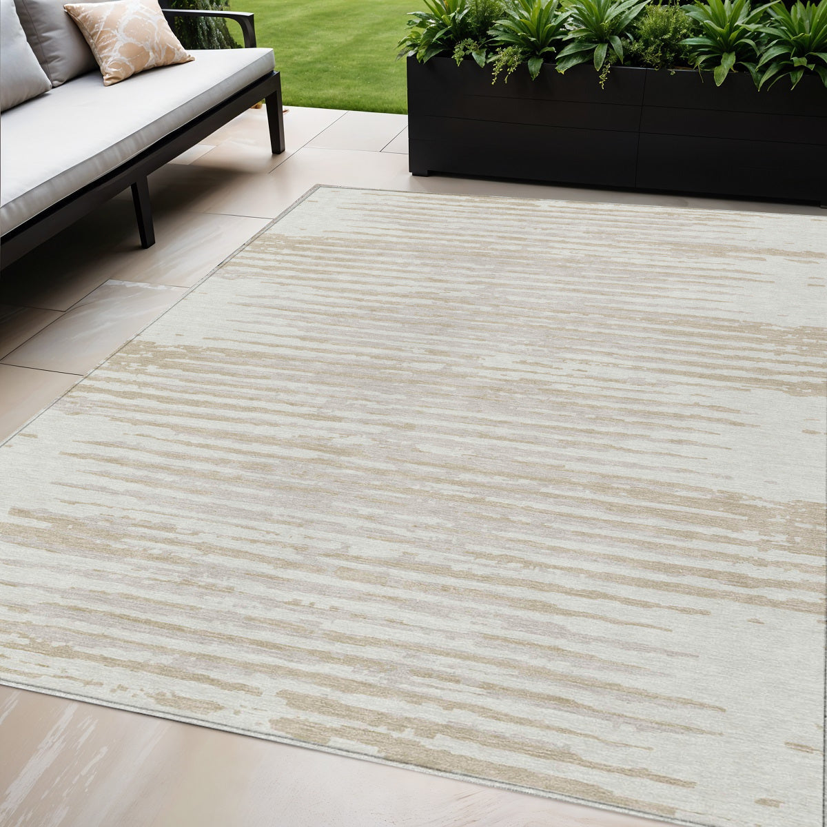 Tabselect Home Line 5' X 8' Ivory And Beige Striped Washable Indoor Outdoor Area Rug